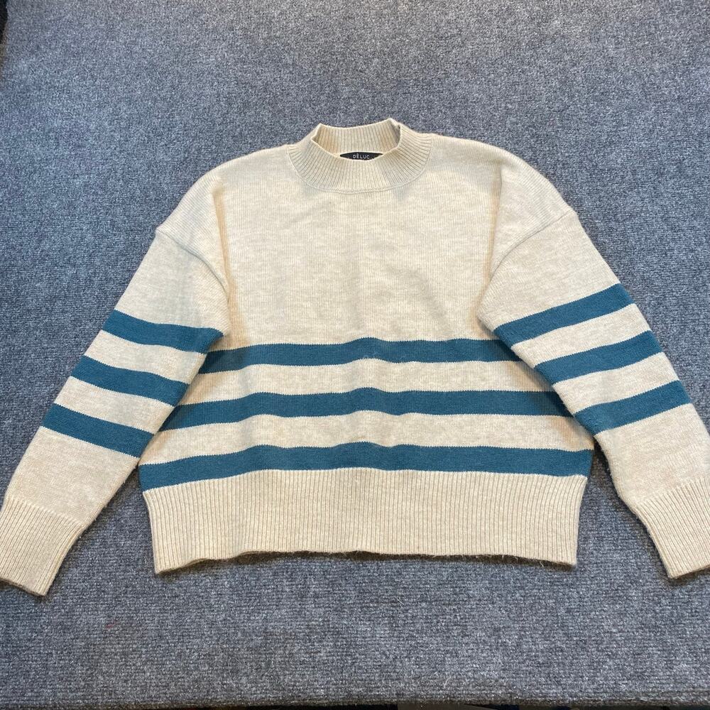 Deluc Womens Medium Cream Blue Striped Pullover Mock Neck Soft Sweater